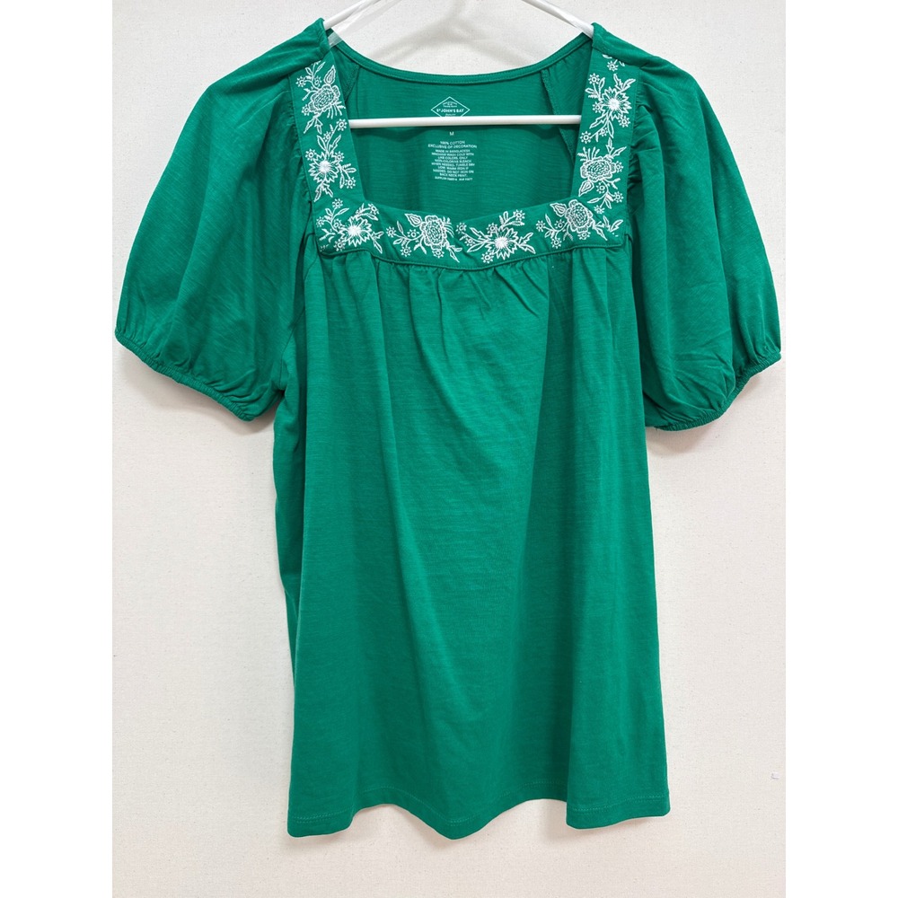 St. Johns Bay Womens Forever Green Embroidered Square Neck Puff Sleeve Top M